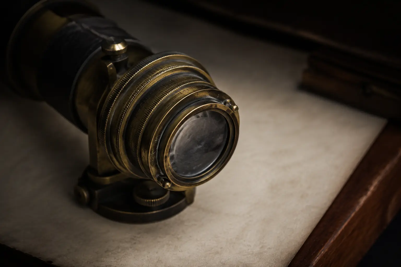An aged brass optical instrument in a dark study